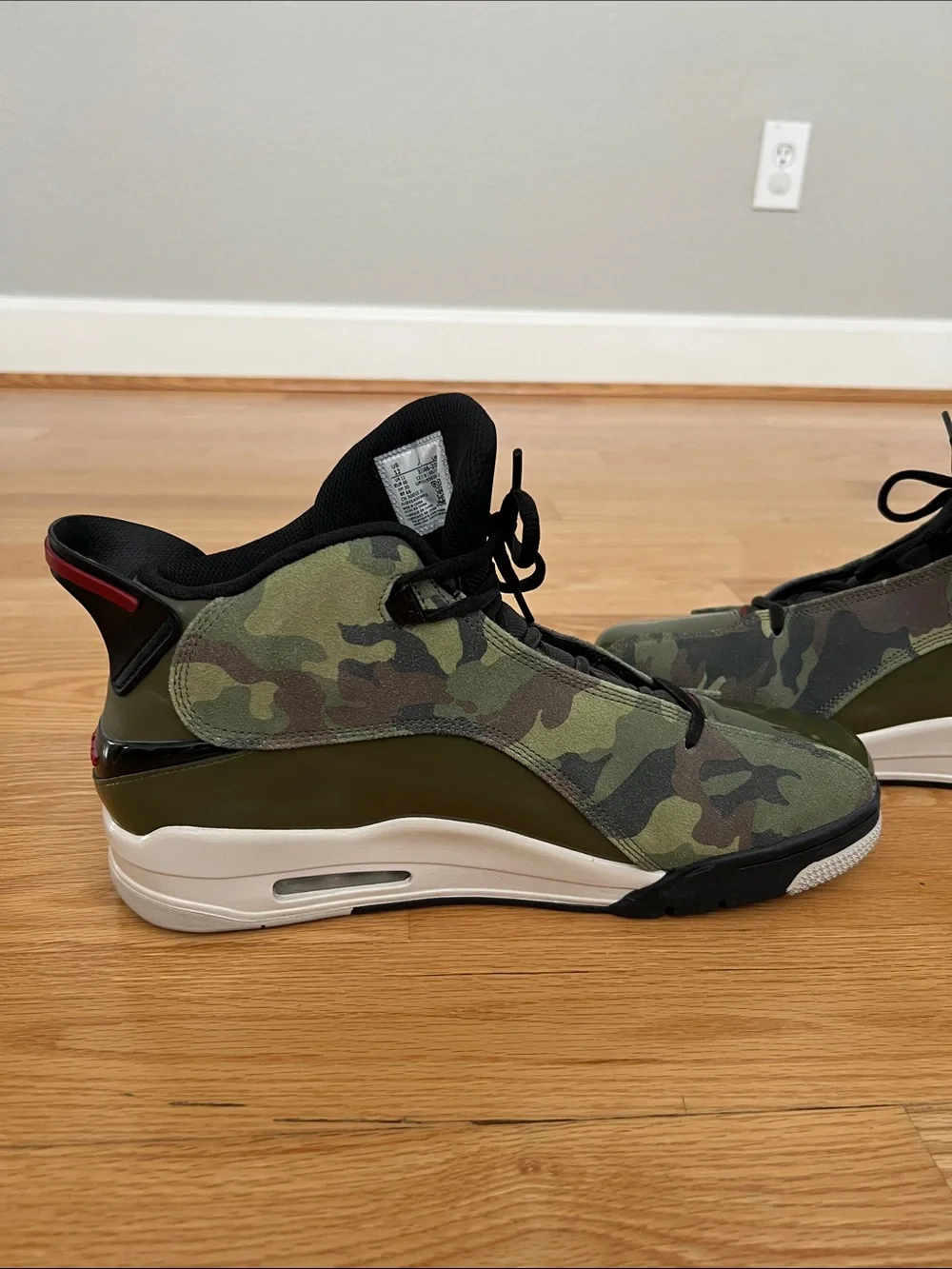 Jordan Camouflage Basketball Shoes in Olive Green and Black with Red Accents